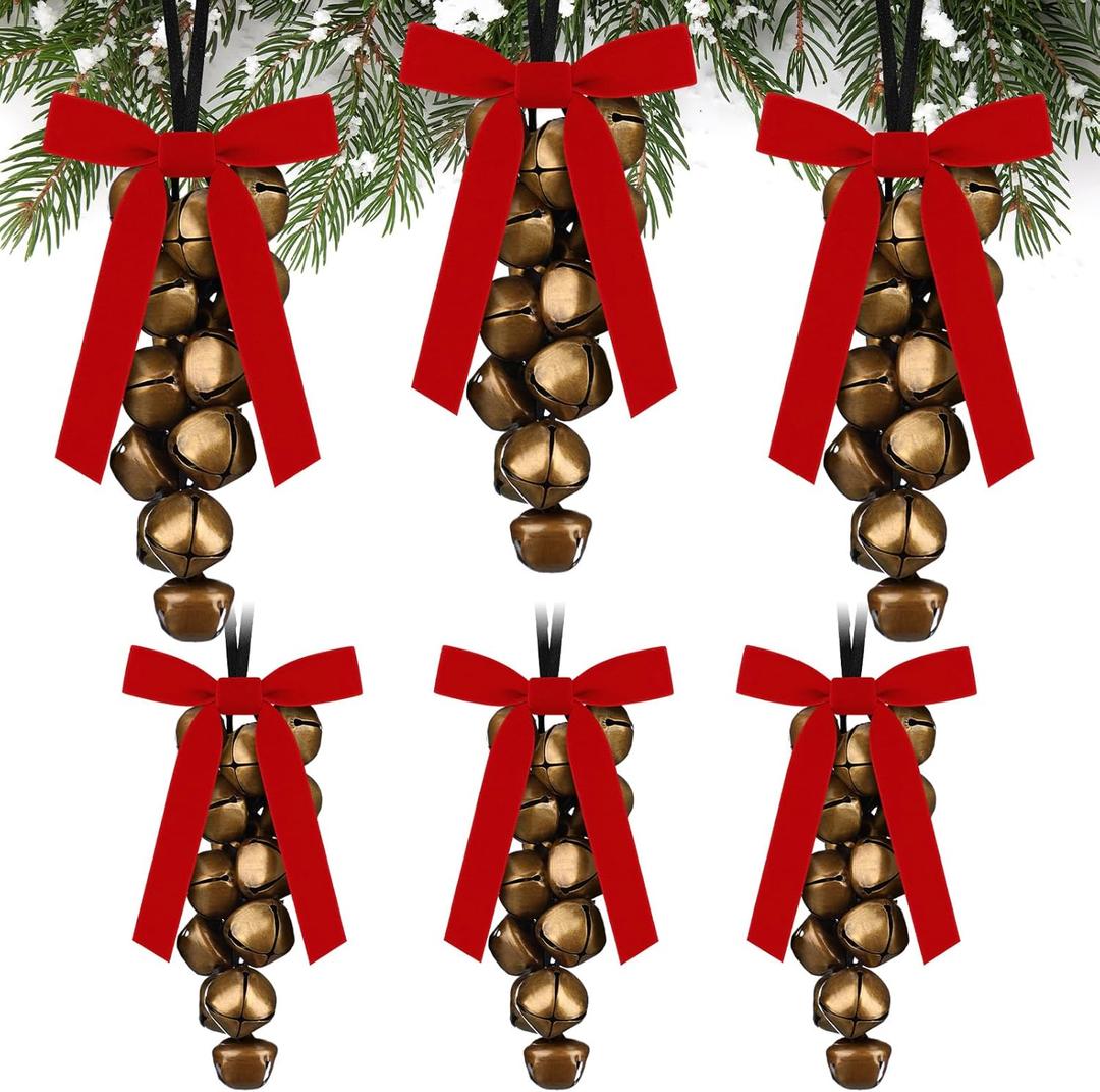 Halloscume 6 Set Winter Jingle Bell Iron Cluster Gold with Red Velvet Bow Metal Vintage Bells with Jute Hanging Rope Decorative Winter Rustic Bow Bell for Wreaths, Outdoor, Indoor,Decorations