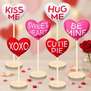 6 Pcs Valentine's Day Table Top Decor Tall Standing Fabric Heart Set Double Printed Conversation Hearts Tabletop Centerpiece Sign Valentine Hearts Decorations Tiered Tray for Home Office