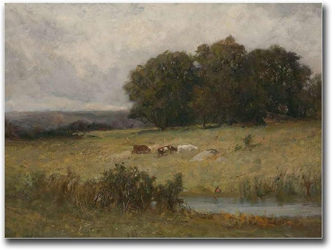 SENLYCH Canvas Painting Poster and Print Cows Painting Wall Art Print Cottage Landscape Print Vintage Summer Art Farm Animal Living Room and Bedroom Office Decoration 8x12inch Wood Frame