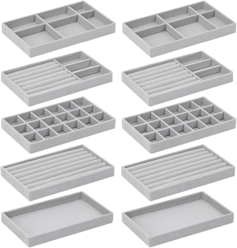 10 Pack Jewelry Organizer Tray Drawer Inserts Stackable Velvet Liner Dividers Customizable Jewellery Box Foam Ring Earring Holder Necklace Bracelet Storage Display Dish Flat in Dresser Vanity (Grey)