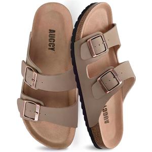 Womens Sandal Cork Footbed Slide, Arch Support Slides for Women with Adjustable Buckle, Comfortable Summer Beach Outdoor Sandals (Beige, US 7.5)