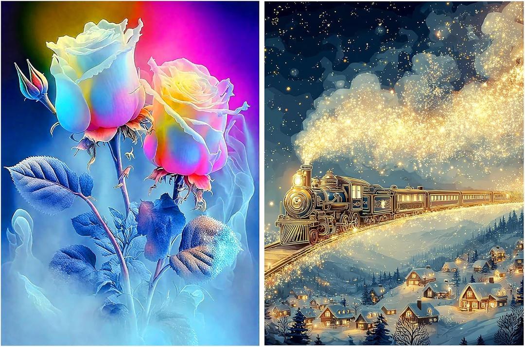 12''x16'' Large 2-in-1 Diamond Art Kit for Adults: Elegant Rose & Classic Train Round Drill Paintings - 5D Full Drill Diamond Art Beginner DIY Craft with Extra 30% Diamonds (Rose and Train Scenes)
