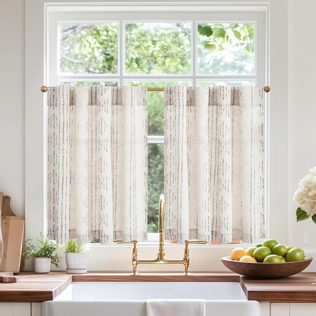 jinchan Boho Kitchen Curtains Linen Cafe Tier Curtains 45 Inch Bohemian Geometric Gray Striped Mudcloth Small Window Drapes for Living Room Bathroom Light Filtering Back Tab 2 Panels Grey on Flax