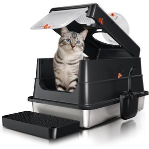 Stainless Steel Cat Litter Box with Lid,Enclosed Metal Pan,Black,XL