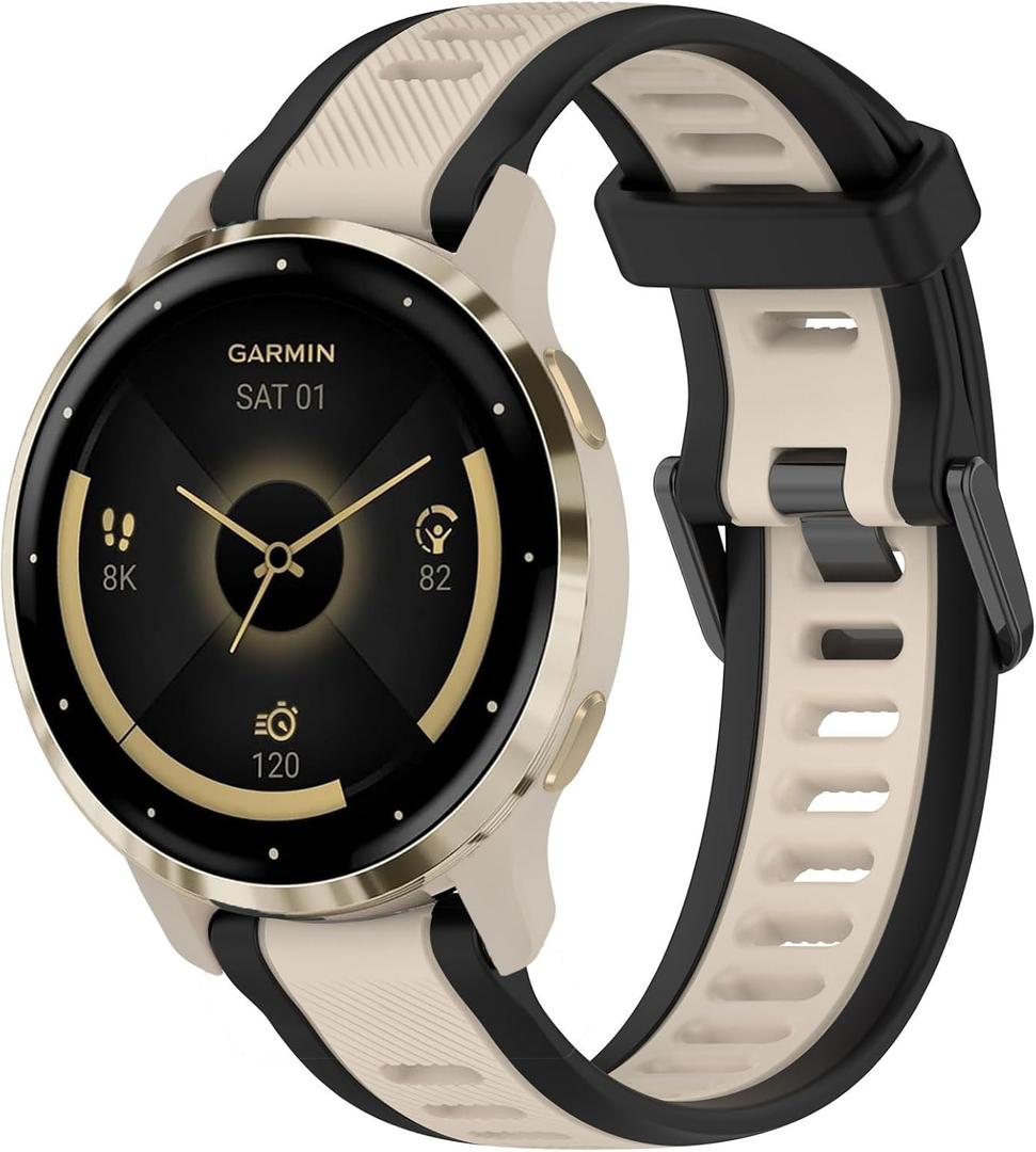 Stripe Silicone 18mm Band Compatible with Garmin Venu 3S / Venu 2S / Vivoactive 4S/ Vivomove 3S/Venu 4 41mm, Soft Rubber Breathable Sport Strap Quick Release Wristband Loop for Men Women (black rim+starlight)