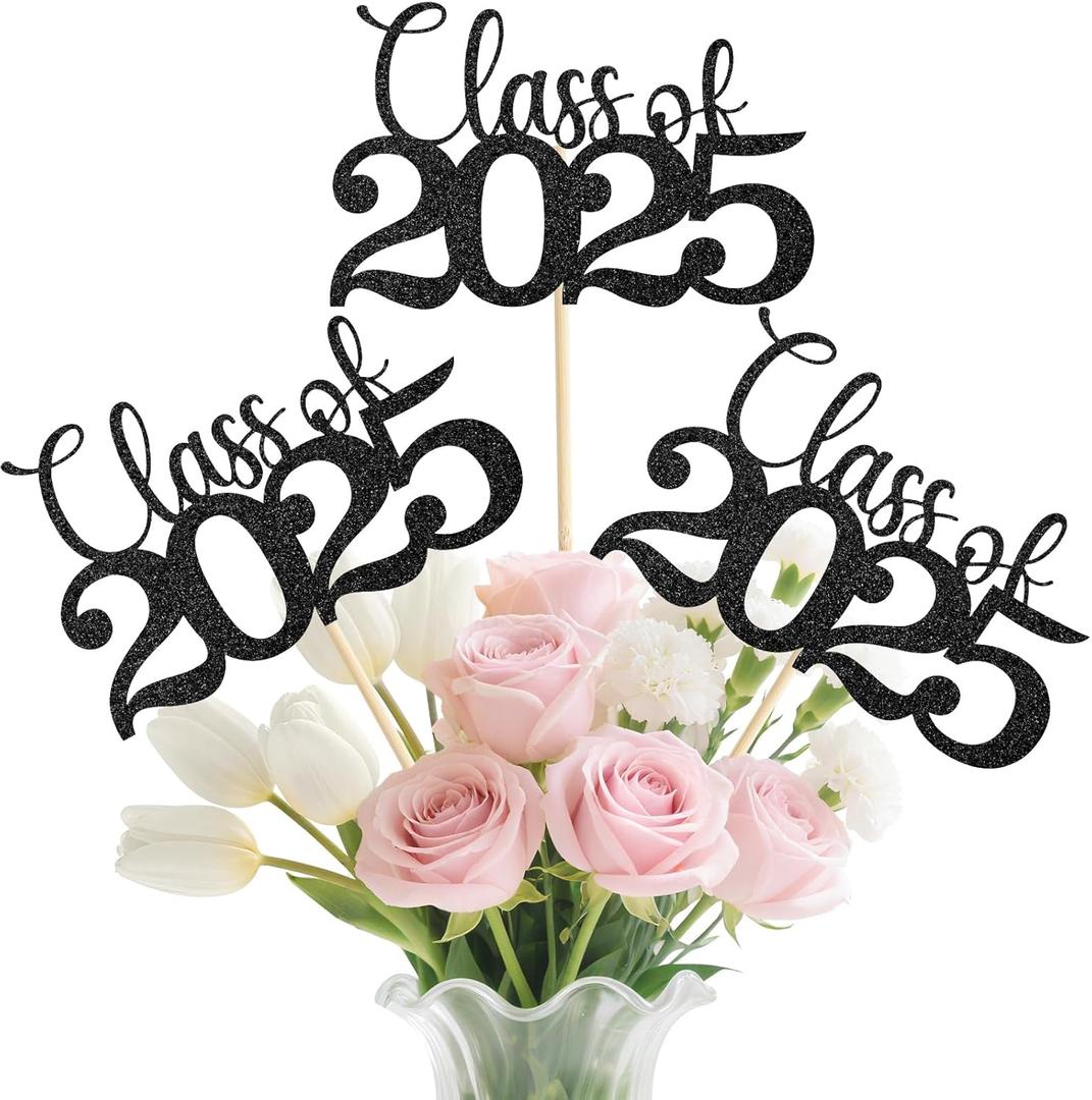 Graduation Decorations 2025, 20Pcs Class of 2025 Graduation Centerpieces for Tables, Double-Sided Black Grad Table Centerpieces with Sticks, Grad Party Decoration Supplies