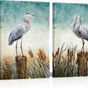 KLVOS Blue Heron Canvas Wall Art Print Coastal Birds Painting Modern Ocean Pictures Artwork for Living Room Bedroom Home Office Bathroom Wall Decor Framed Home Decoration 16x24inchx2Panel