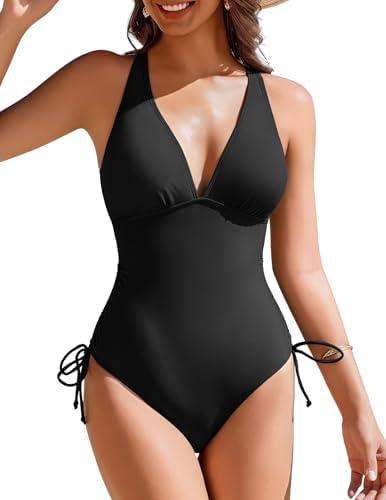 AI'MAGE Womens One Piece Swimsuits V Neck Tummy Control Bathing Suit Criss Cross Back Slimming Swimwear with Drawstring, Size 1XL AI'MAGE Womens One Piece Swimsuits V Neck Tummy Control Bathing Suit Criss Cross Back Slimming Swimwear with Drawstring, Size 1XL