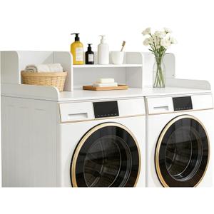 2-Tier Washer Dryer Countertop with Center Shelf and 3 Compartments, Laundry Topper with Edge and Non-Slip Pad for Laundry Room Organization and Storage, 27.6"x53.9", White