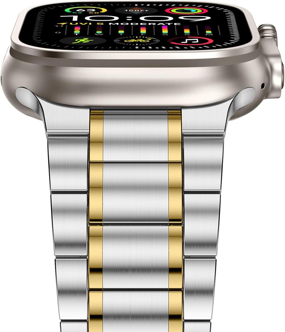 Anlinser Metal Bands Compatible with Apple Watch Band 49mm 46mm 45mm 44mm 42mm Women Men, Five-link Stainless Steel Strap for iWatch Ultra 3/2/1 SE Series 11 10 9 8 7 6-1 (Silver-Gold)