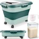Rice Storage Containers, Collapsible 20 to 30Lbs Food Storage Bin Dispenser with Rolling Wheel and Clear Airtight Lid, BPA Free Flour, Sugar, Cereal and Dog Cat Pet food Containers (Green)