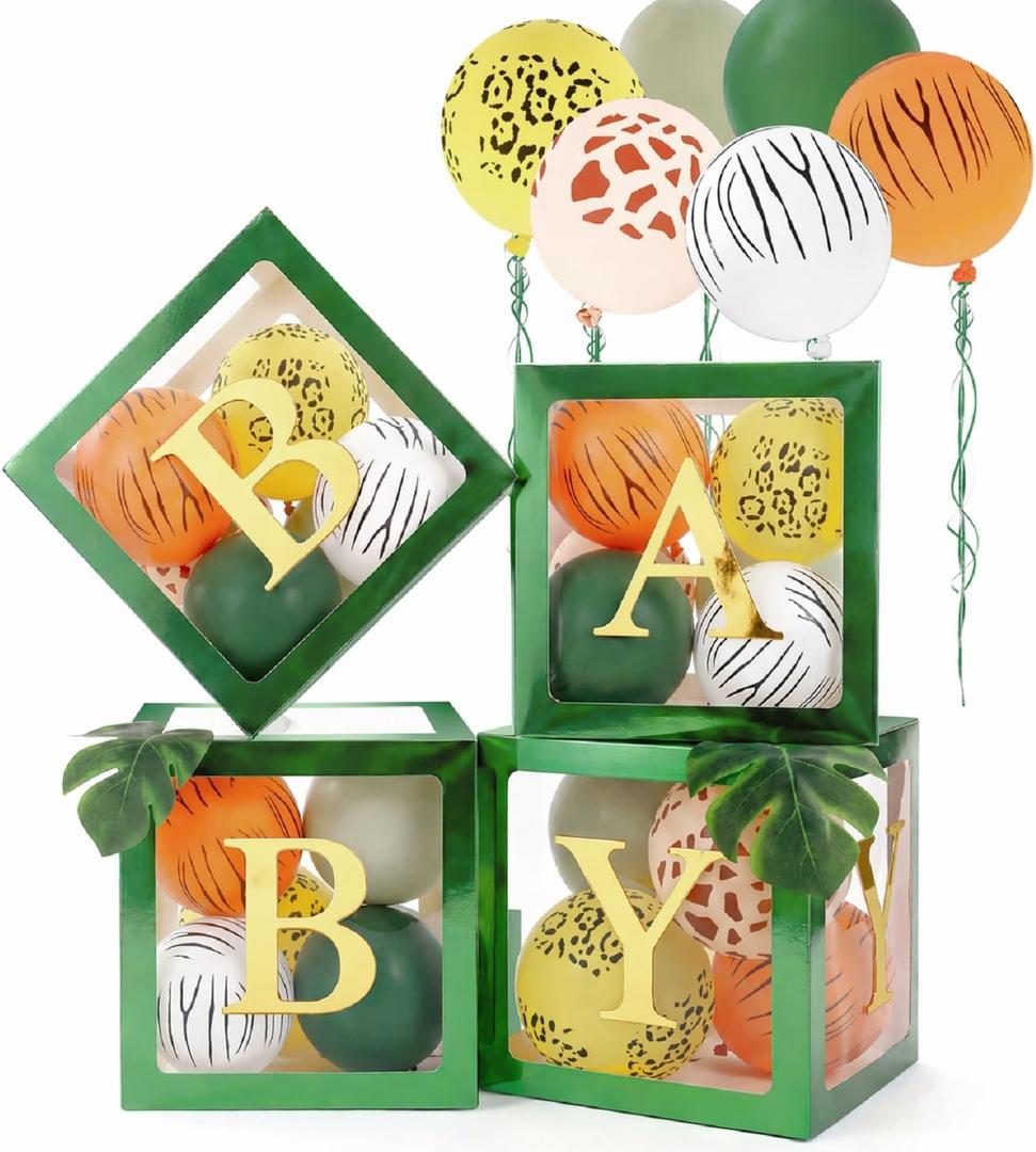 Gejoy Safari Animal Baby Shower Party Decorations, 4 Pcs Transparent Baby Balloon Boxes with 8 Letters 40 Deer Tiger Zebra Leopard Latex Balloons for Jungle Safari Party Supplies