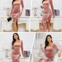 NASHALYLY Elegant Velvet Dress for Women,Sexy Long Sleeve Bodycon Mermaid Dress Ruched Cocktail Party Wedding Square Neck (Pink)