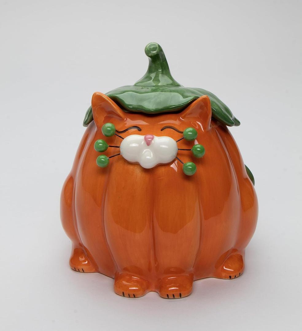 Fine Ceramic Whisker Pumpkin Cat Candy Treat Bowl, 7-1/4" H