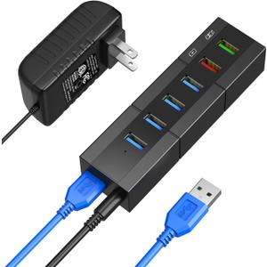 Powered USB 3.0 Hub, RAOYI 6 Ports High Speed USB 3.0 Hub Splitter with 24W Power Adapter, 3.3ft Cable and Smart Fast Charger USB Hub for for Laptop, PC, Mac, Mobile HDD, Mulitple Devices (Black)