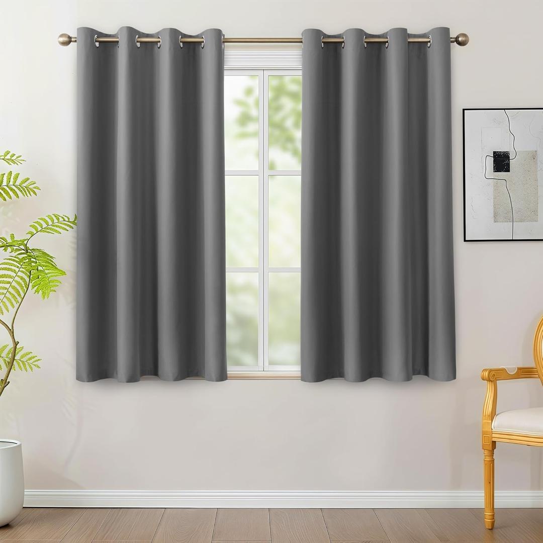 BONZER 100% Blackout Curtains 4 Panels - Full Light Blocking Small Window Drapes with Black Backing, Single Layer Privacy Protection Room Darkening Curtain for Bedroom, Living Room, 54 x 54 Inch, Grey