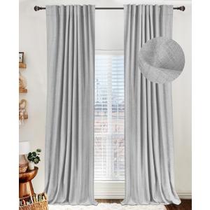 100% Blackout Shield Linen Blackout Curtains for Bedroom 96 Inches Long, Back Tab/Rod Pocket Living Room Drapes, Thermal Insulated Blackout Curtains 2 Panels Set, 50" W x 96" L, Grey