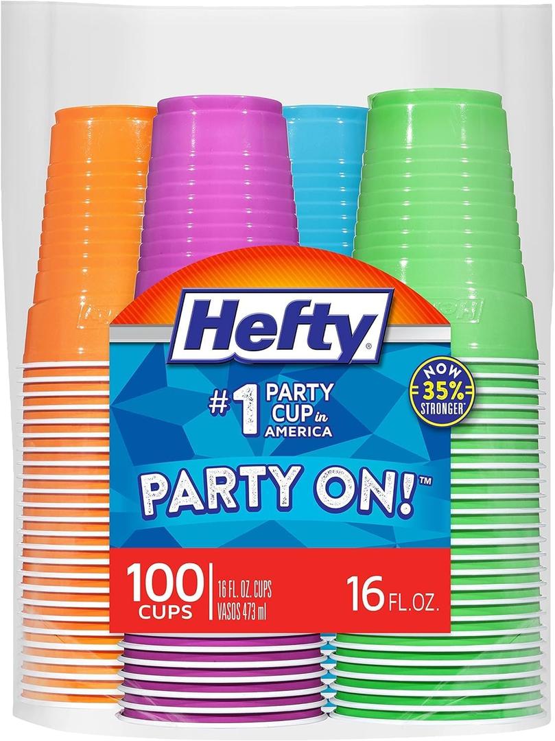 Hefty TKctPv Plastic Party Cups, Assorted Colors, 16 Ounce, 100 Count