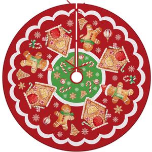 Gingerbread Man Christmas Tree Skirt, 48 Inches Lace-up Gingerbread House Peppermint Candy Xmas Tree Skirt, Winter Holiday Party Indoor Decoration Home Decor