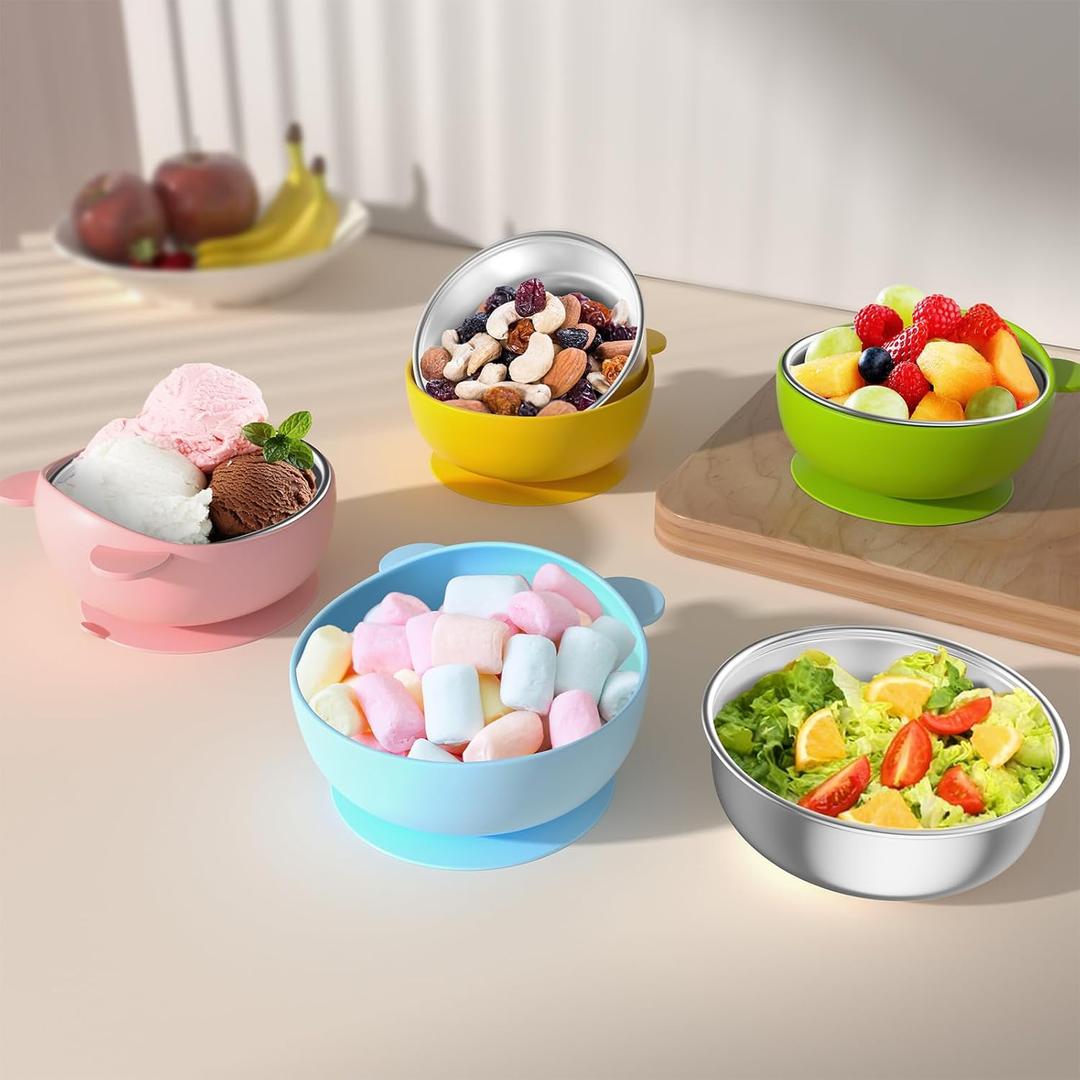 Bakpoco Stainless Steel Baby Bowls with Suction, 2-in-1 SUS304 Toddlers Bowl & Removable Silicone Suction Kids Bowl, Anti Scald Non Toxic Snack Container for Baby Food Feeding, 2 Colors Set
