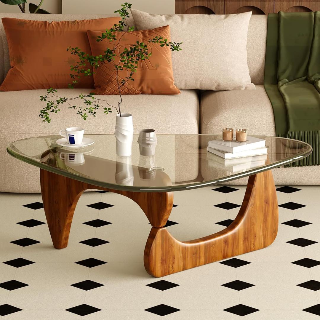 Coffee Table for Living Room Mid Century Modern Center Table with Glass Top, Walnut Transparent, 32 Inch