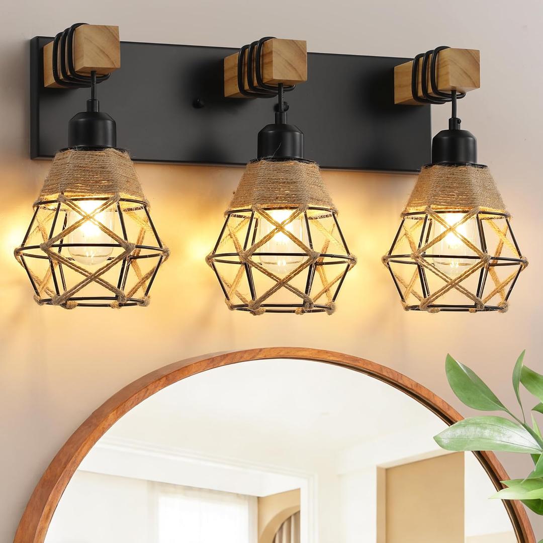 LmnLvn Farmhouse Bathroom Light Fixture, 3-Light Black Rattan Vanity Light, Boho Bathroom Light Fixture Over Mirror Rustic Vanity Lighting with Handwoven Shades, Suit for Restroom, Bedroom, Hallway