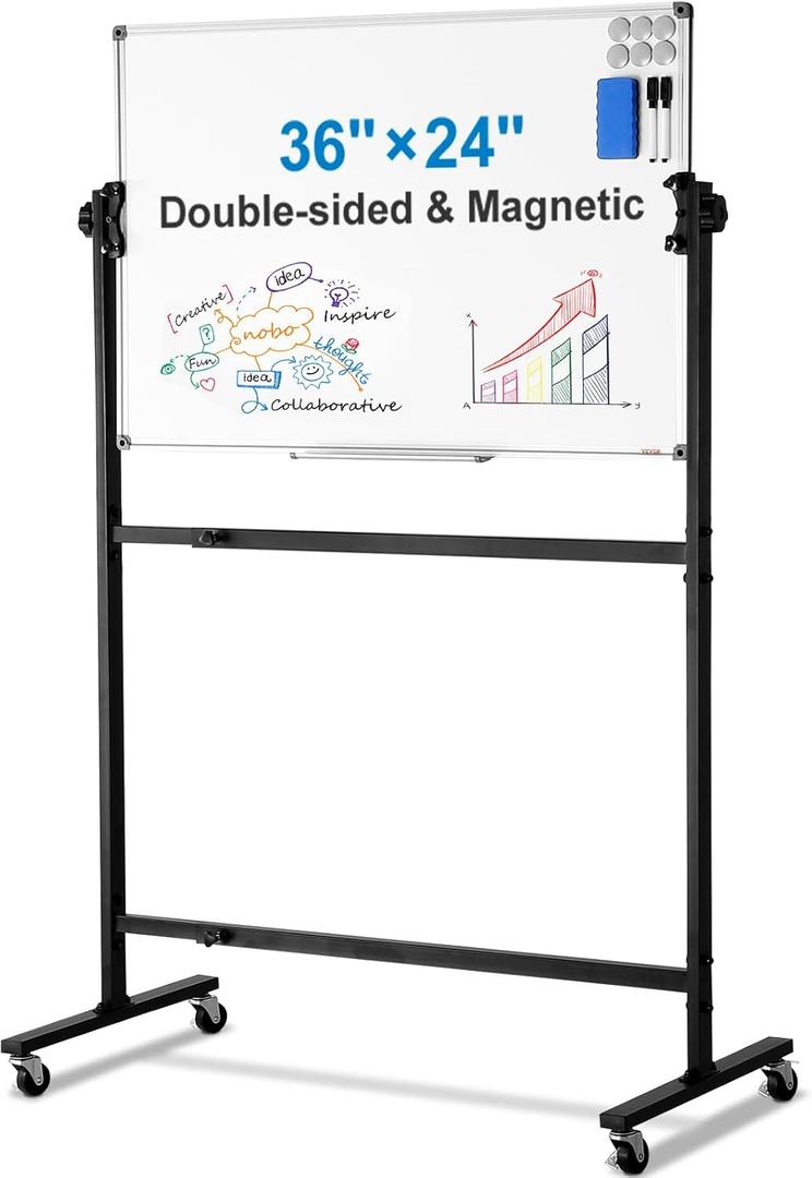 VEVOR Rolling Magnetic Whiteboard, Double-Sided Mobile Whiteboard 36x24 Inches, 360 Reversible Adjustable Height Dry Erase Board with Wheels & Movable Tray for Office, School