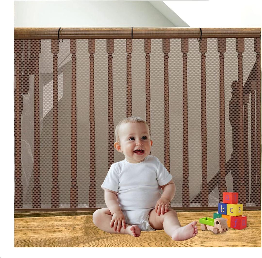 Banister Guard for Baby and Pets - 10ft x 3ft Safety Stairs Rail Net, Balcony Netting Provides Safe Environment for Child, Small Pet, Toy - Brown