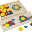Melissa & Doug Pattern Blocks and Boards - Wooden Classic Toy With 120 Solid Wood Shapes and 5 Double-Sided Panels, Multi-colored - STEAM Animals, Tangrams Puzzle For Kids Ages 3+