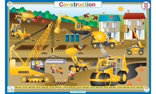 Tot Talk Construction Educational Placemat for Kids – Made in USA – Durable, Double-Sided, Construction Equipment Facts & Coloring– Waterproof, Wipeable, 17.5” x 11.5”
