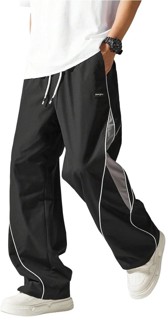 SOLY HUX Men's Baggy Track Pants Drawstring Elastic Waist Parachute Sweatpants Streetwear (Black, XL)
