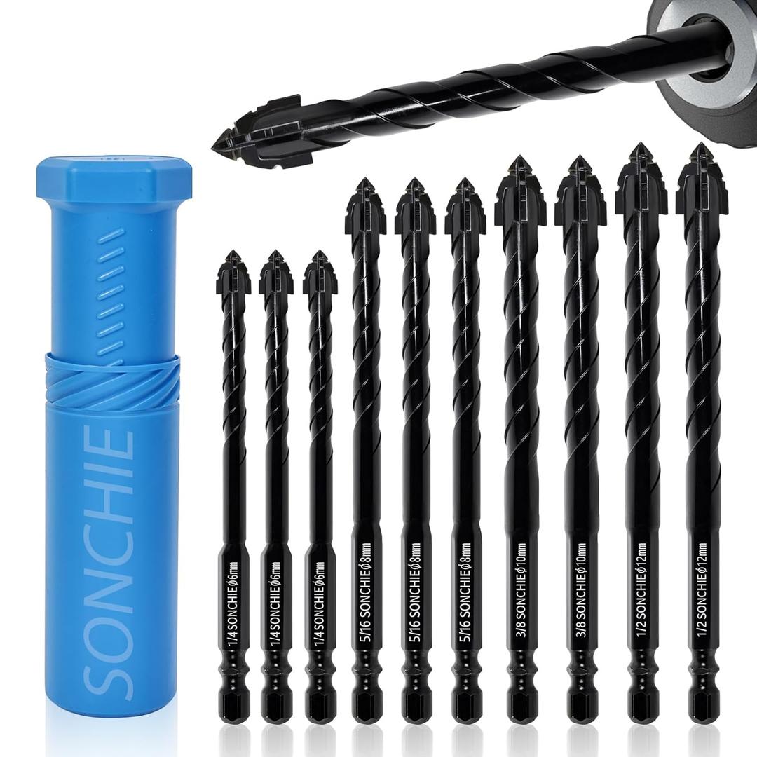 Masonry Concrete SONCHIE Serrated Drill Bit Set for Tile Brick Glass Plastic and Wood Carbide Tipped for use with Tile Wall Mirrors and pavers on Concrete or Brick Walls 10 pcs Masonry Concrete SONCHIE Serrated Drill Bit Set for Tile Brick Glass Plastic and Wood Carbide Tipped for use with Tile Wall Mirrors and pavers on Concrete or Brick Walls 10 pcs