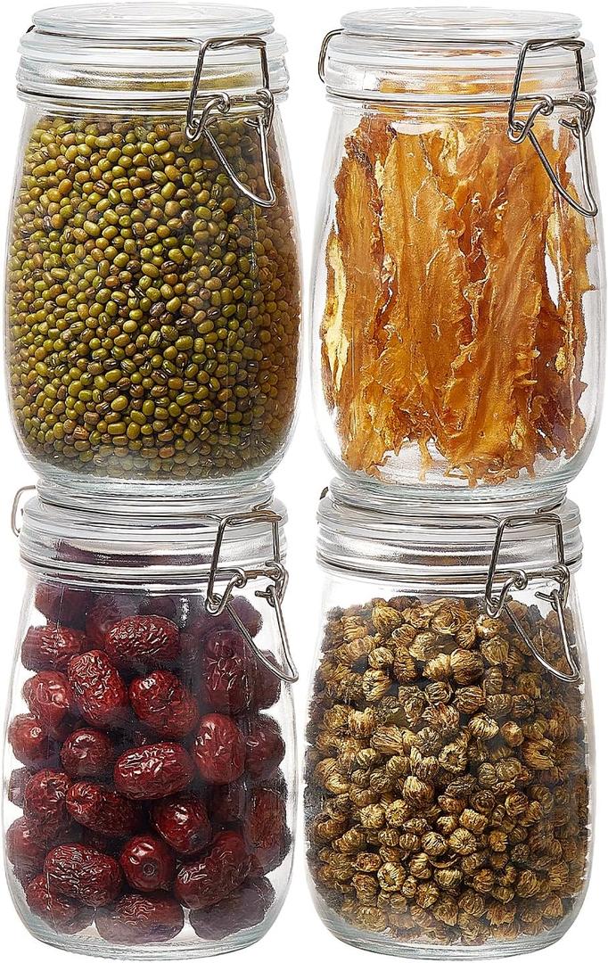 BJONKZ 4 Pack 34 oz Glass Jars with Airtight Lids Food Storage Containers with Preserving Seal Wire Clip Fastening, Glass Canisters for Kitchen Canning Flour, Cereal, Sugar, Beans (34oz*4)