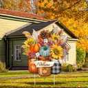 Metal Thanksgiving Decoration Fall Pumpkin Mason Jar Yard Sign Stake 14.2 Inch Autumn Welcome Sunflower Outdoor Yard Decor for Autumn Harvest Outside Lawn Decorations Garden Patio Walkway