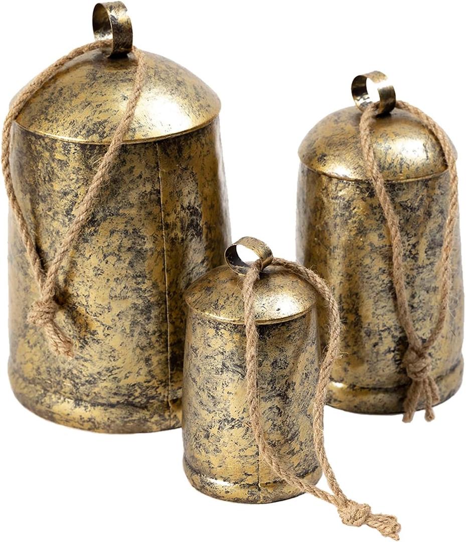 Metal Harmony Bells Set of 3, Shabby Chic Cow Bells for Crafts, Vintage Rustic Christmas Hanging Bells for Door, Brass Christmas Ornaments Decorative Cowbell On Jute Rope, 9, 7, 5H (Gold)