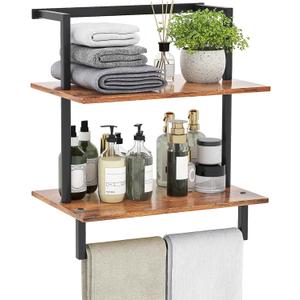 Wall Mounted Towel Rack for Bathroom, Bath Storage Holder 3-Tier Steel Wood Towel Shelf with Bar, Rustic Brown