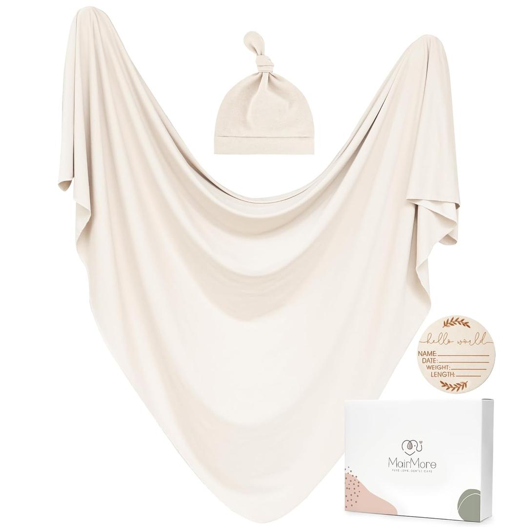 Baby Swaddle Receiving Blankets with Matching Beanie Set Newborn Nursery Swaddle Wrap for Baby Girls and Boys (Apricot)