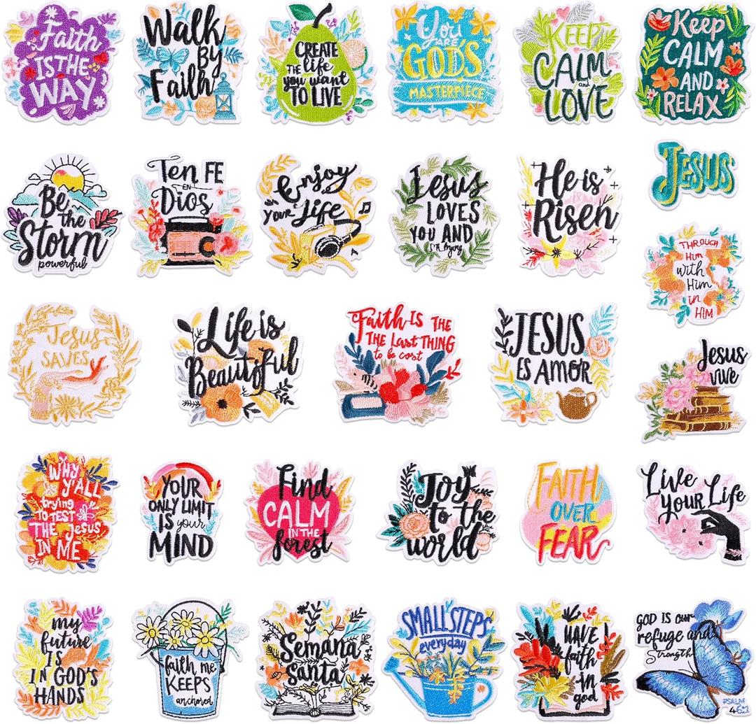 Christian Iron On Patches, 30 Pcs Religious Sayings Embroidered Patch for Clothes, Sew on Faith Words Bible Applique Heat Press for Hats/Backpacks/Clothes DIY Decoration