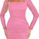 MOEENCN Women Mesh Dress Sparkly Long Sleeve Square Collar Pleated Bodycon Dresses Party Night Club Outfits (Pink, S)