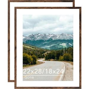 Wood 22x28 Picture Frame with 18x24 Mat, Display 18x24 with Mat or 22x28 Without Mat, Wood 22 by 28 Photo Frame, 22 x 28 Frame for Wall Hanging Display, Deep Brown, 2 Pack