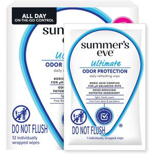 Summer's Eve Ultimate Odor Protection Daily Feminine Wipes, Gentle pH-Balanced Formula with Boric Acid Cleanses & Removes Vaginal Odor, Individually Wrapped Body Wipes, 12 Count