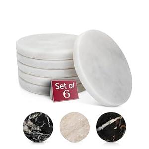 Gusto Nostro White Marble Coasters Set of 6 with Non-Slip Backing - Luxury Natural Stone Coasters for Drinks - Genuine Marble Kitchen Accessories, Round Stone Coaster for Kitchen Counter, Coffee Table
