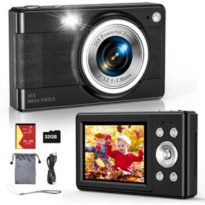 2025 New Digital Camera, 56MP FHD 1080P for Kids with 16x Digital Zoom Anti Shake, Face Detect, Smile Capture, 32GB TF Card, Battery, Lanyard, a Great Gift for Boys & GirlsBlack