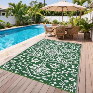 GarveeHome 9x12 Outdoor Rugs Vintage Medal Reversible Plastic Straw Rug UV Resistant Non Shedding Camping Carpet Fold Portable Outside Carpet Mat for RV Porch Backyard Balcony Pool Side, Green White