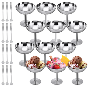 Reallnaive 6 Sets Stainless Steel Ice Cream Cups 6.7 Oz Small Footed Bowls with Forks Bulk Stainless Dessert Cup for Serving Pudding Fruit Summer Birthday Party Supply (Glossy,Silver)