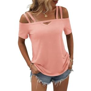 Micticsi Womens Cold Shoulder Tops for Women Summer Sexy Cut Out Tops Short Sleeve Criss Cross Casual Shirts, XXL