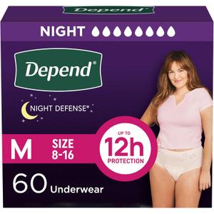 Depend Night Defense Adult Diapers, Incontinence & Postpartum Bladder Leak Underwear for Women, Disposable, Overnight, Medium, Blush, 60 Count (4 Packs of 15), Packaging May Vary