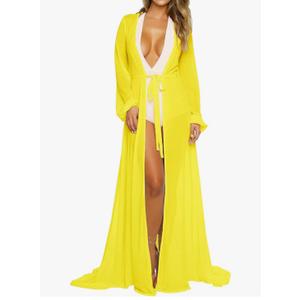 Pink Queen Women's Long Sleeve Flowy Maxi Swimsuit Tie Front Robe Cover Up S