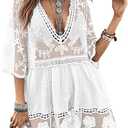 Eomenie Women's Contrast Lace Bathing Suit Cover Up V-Neck Swimsuit Coverups Loose Swimwear Beach Dress Beachwear, White, One Size