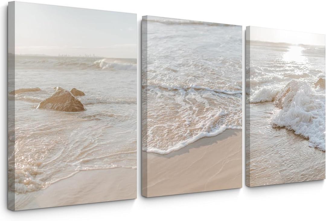 Beach Wall Art Decor Coastal Wall Art Pictures Ocean Canvas Wall Art Beige Beachy Wall Decor Boho Beach Prints Ocean Painting Coastal Artwork for Bedroom Living Room 16x24 Inch Framed Set of 3, 16"x24" Wrapped Canvas